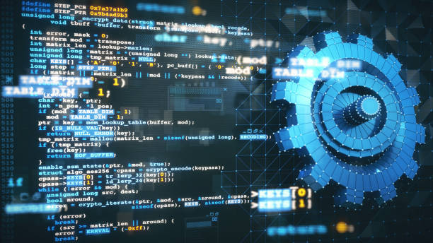 virtual reality computer design and development concept with c/c++ programming language code, computer data and a blue 3d mesh gear model blueprint. - 系统软件开发 個照片及圖片檔