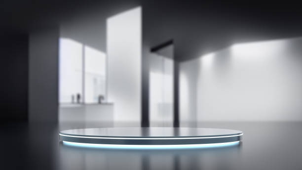 white futuristic pedestal with laboratory background. - 数字展厅 個照片及圖片檔